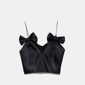 Zara Black Satin Crop Top with Bows
